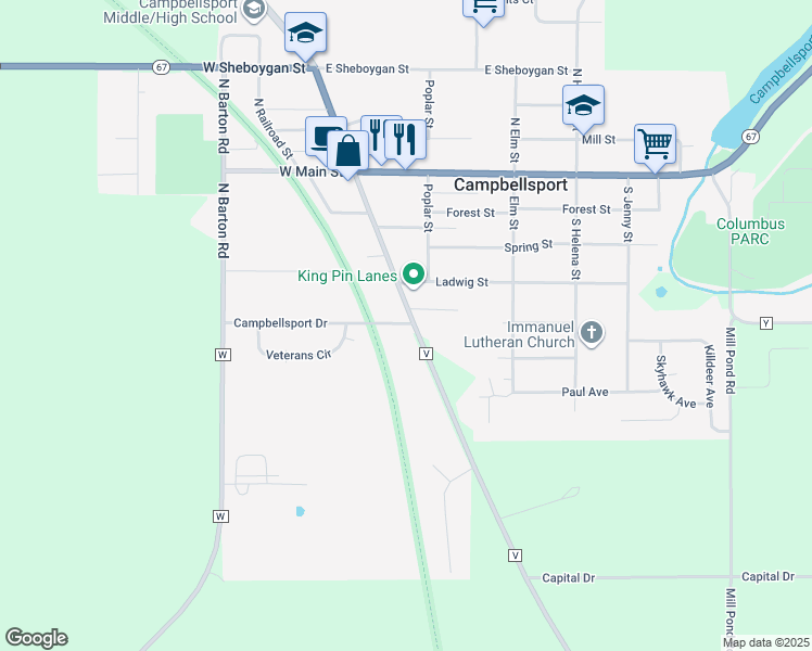 map of restaurants, bars, coffee shops, grocery stores, and more near N1485 County Road V in Campbellsport