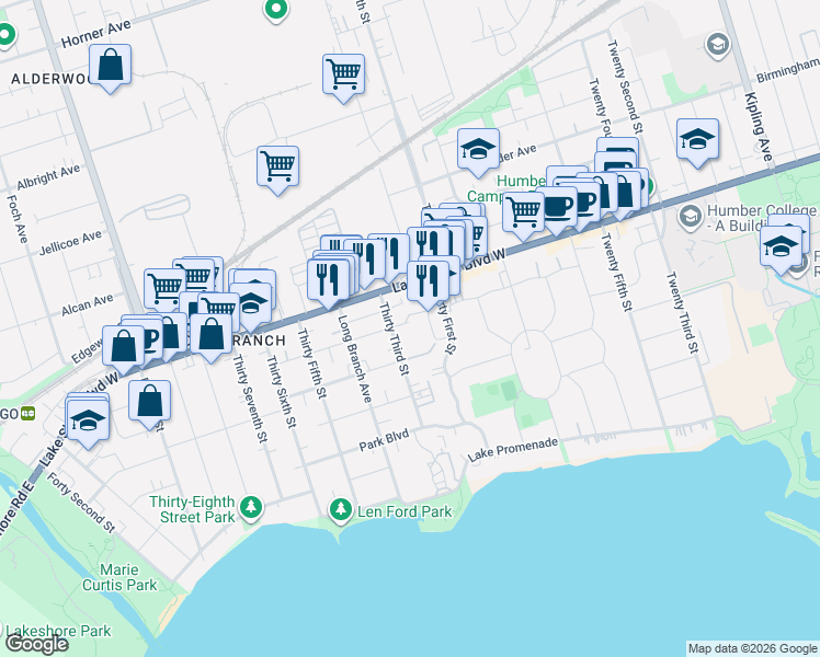 map of restaurants, bars, coffee shops, grocery stores, and more near 35 Thirty Third Street in Toronto