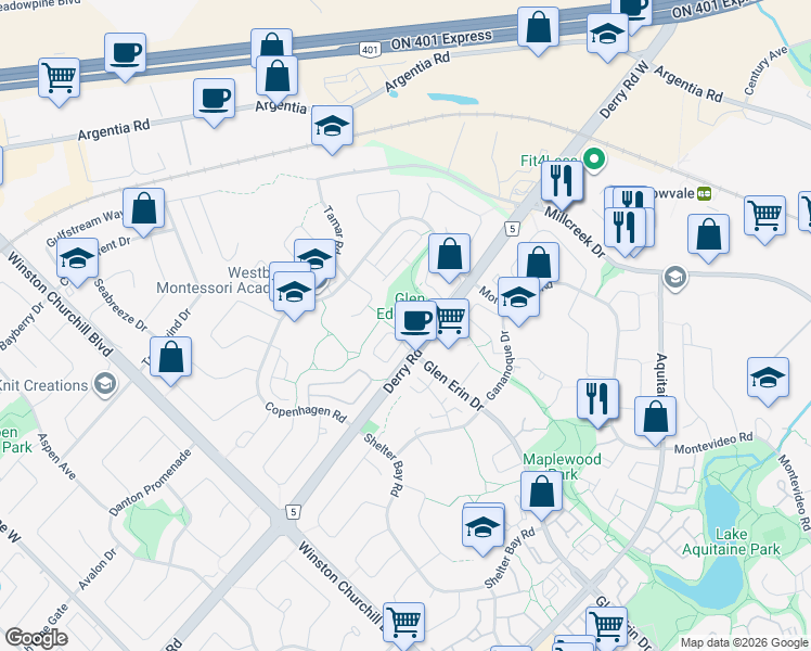 map of restaurants, bars, coffee shops, grocery stores, and more near 2301 Derry Road in Mississauga