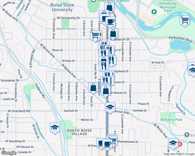 map of restaurants, bars, coffee shops, grocery stores, and more near 1017 West Highland Street in Boise