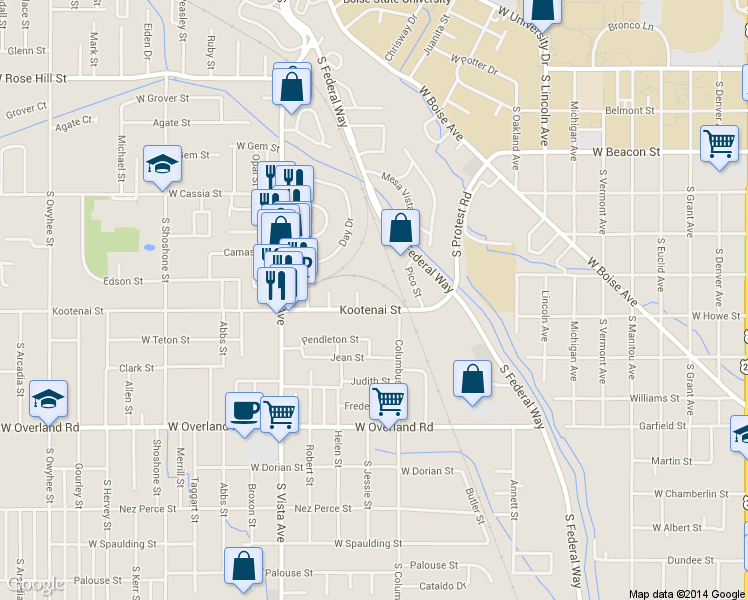 map of restaurants, bars, coffee shops, grocery stores, and more near 1104 Manor Drive in Boise