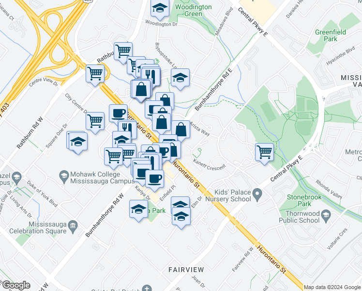 map of restaurants, bars, coffee shops, grocery stores, and more near in Mississauga