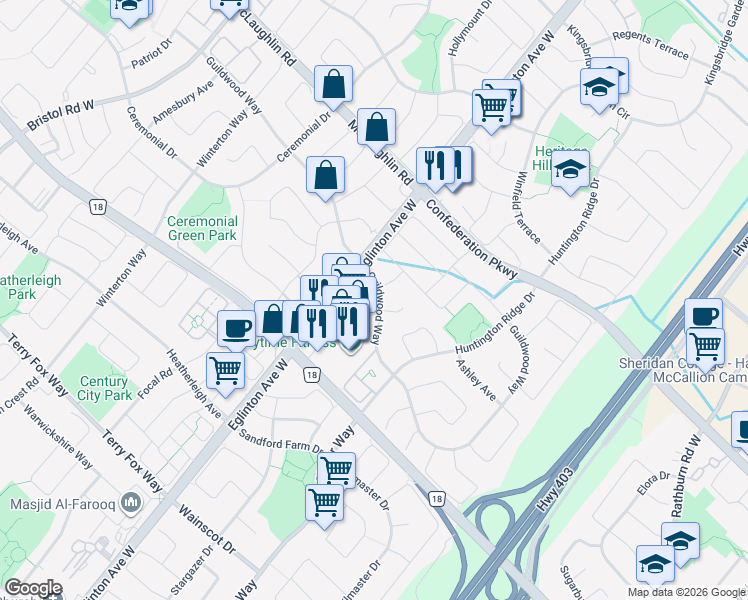 map of restaurants, bars, coffee shops, grocery stores, and more near 4620 Guildwood Way in Mississauga