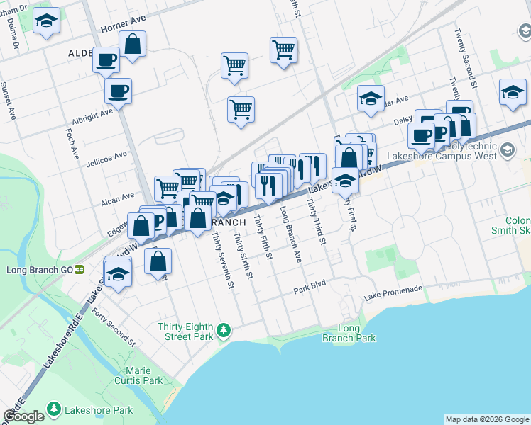 map of restaurants, bars, coffee shops, grocery stores, and more near in Toronto