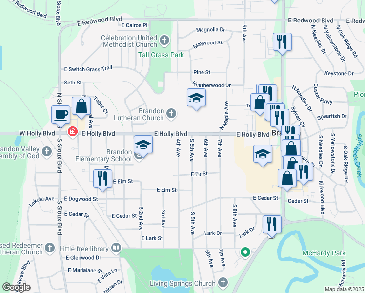 map of restaurants, bars, coffee shops, grocery stores, and more near 701-799 East Holly Boulevard in Brandon