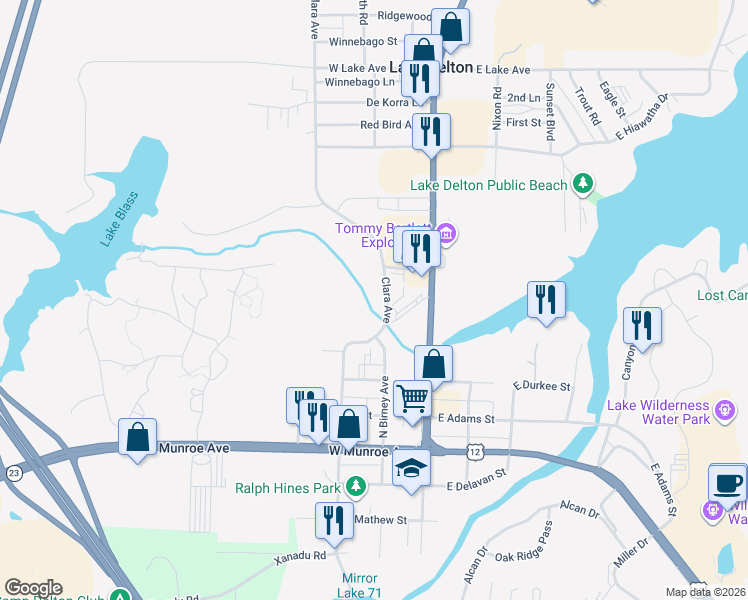 map of restaurants, bars, coffee shops, grocery stores, and more near 417 Clara Avenue in Wisconsin Dells
