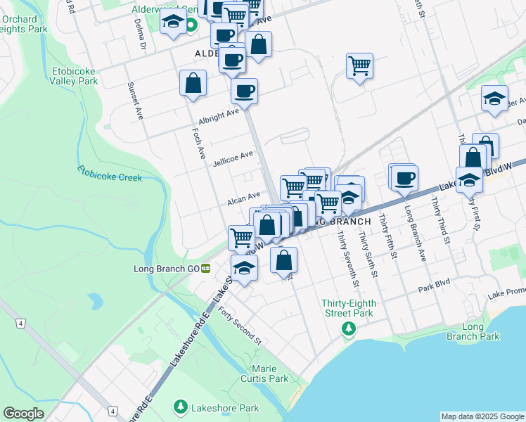 map of restaurants, bars, coffee shops, grocery stores, and more near 6 Edgeware Drive in Toronto