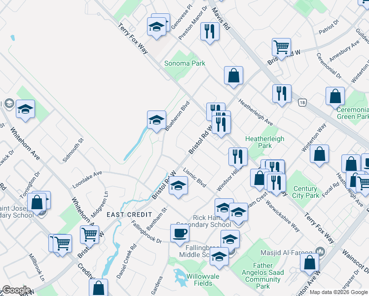 map of restaurants, bars, coffee shops, grocery stores, and more near 1272 Foxglove Place in Mississauga