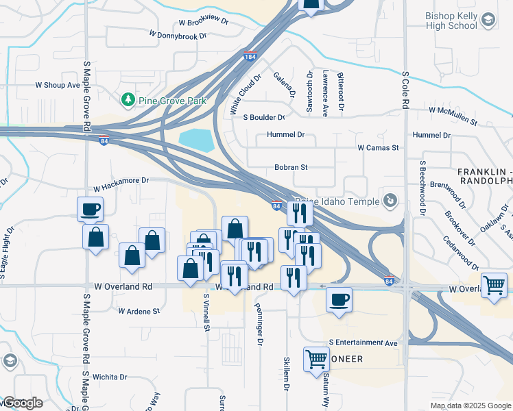 map of restaurants, bars, coffee shops, grocery stores, and more near 8002 West Overland Road in Boise