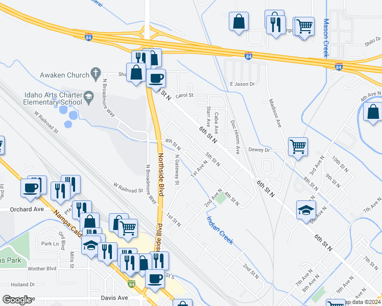 map of restaurants, bars, coffee shops, grocery stores, and more near 63 5th Street North in Nampa