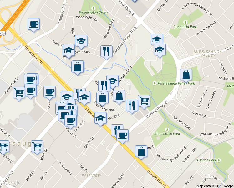 map of restaurants, bars, coffee shops, grocery stores, and more near 1477 Mississauga Valley Boulevard in Mississauga