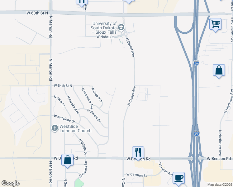 map of restaurants, bars, coffee shops, grocery stores, and more near 4322 North Pennsylvania Avenue in Sioux Falls