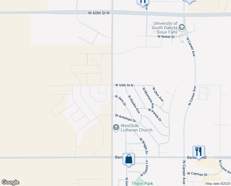 map of restaurants, bars, coffee shops, grocery stores, and more near 5221 West 54th Street in Sioux Falls