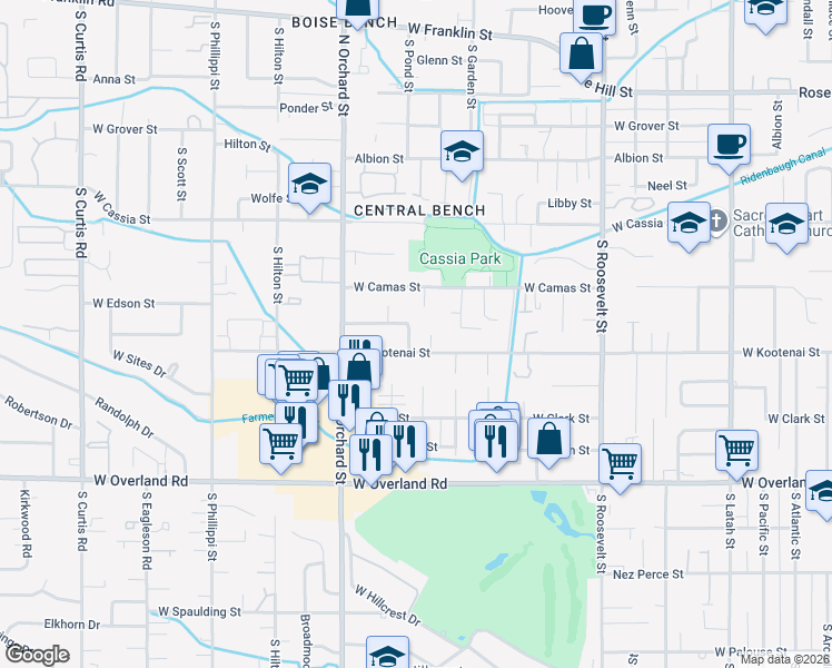 map of restaurants, bars, coffee shops, grocery stores, and more near 1120 South Pond Street in Boise