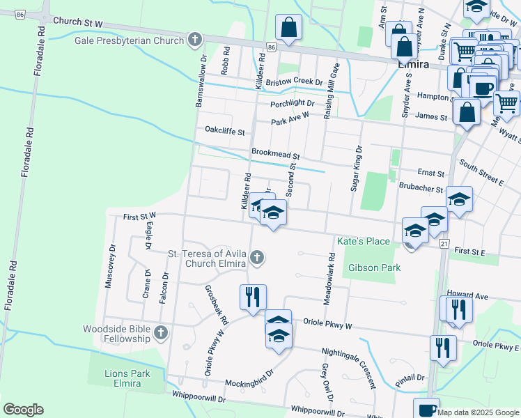 map of restaurants, bars, coffee shops, grocery stores, and more near 4 Robin Drive in Elmira