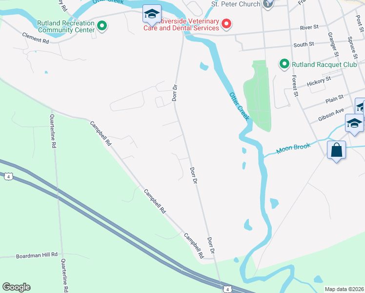 map of restaurants, bars, coffee shops, grocery stores, and more near 200 Dorr Drive in Rutland