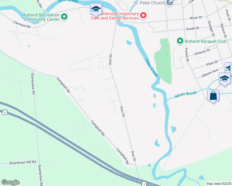 map of restaurants, bars, coffee shops, grocery stores, and more near 200 Dorr Drive in Rutland