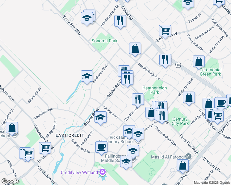 map of restaurants, bars, coffee shops, grocery stores, and more near 1050 Bristol Road West in Mississauga