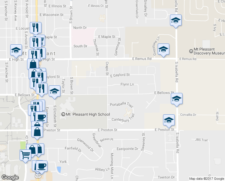 map of restaurants, bars, coffee shops, grocery stores, and more near 1505 East Bellows Street in Mount Pleasant