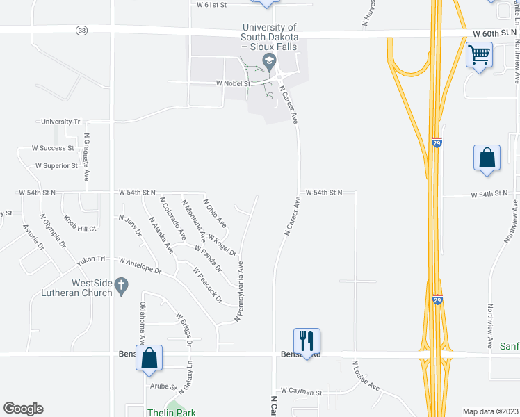 map of restaurants, bars, coffee shops, grocery stores, and more near 4308 North Pennsylvania Avenue in Sioux Falls