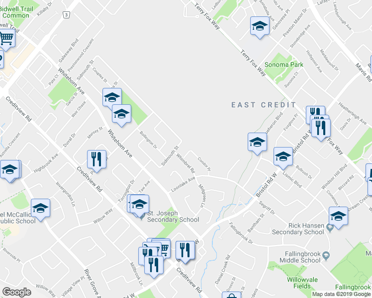 map of restaurants, bars, coffee shops, grocery stores, and more near 5697 Condor Place in Mississauga