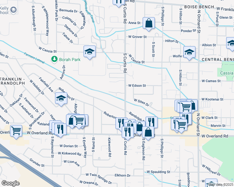 map of restaurants, bars, coffee shops, grocery stores, and more near 5866 Kootenai Lane in Boise