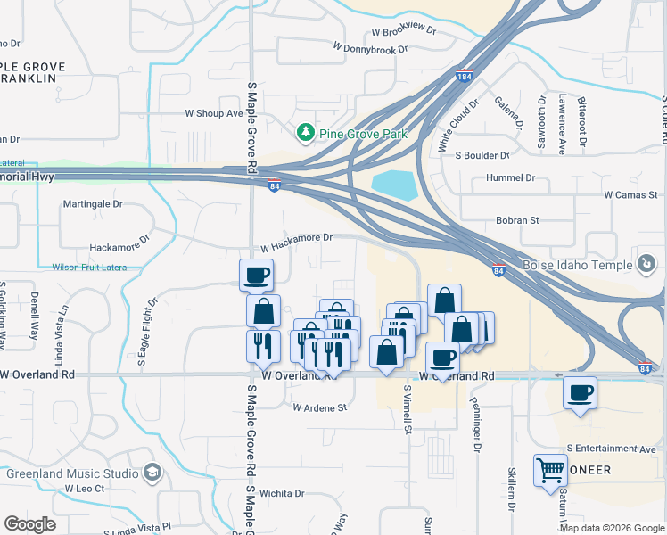 map of restaurants, bars, coffee shops, grocery stores, and more near 8743 West Hackamore Drive in Boise