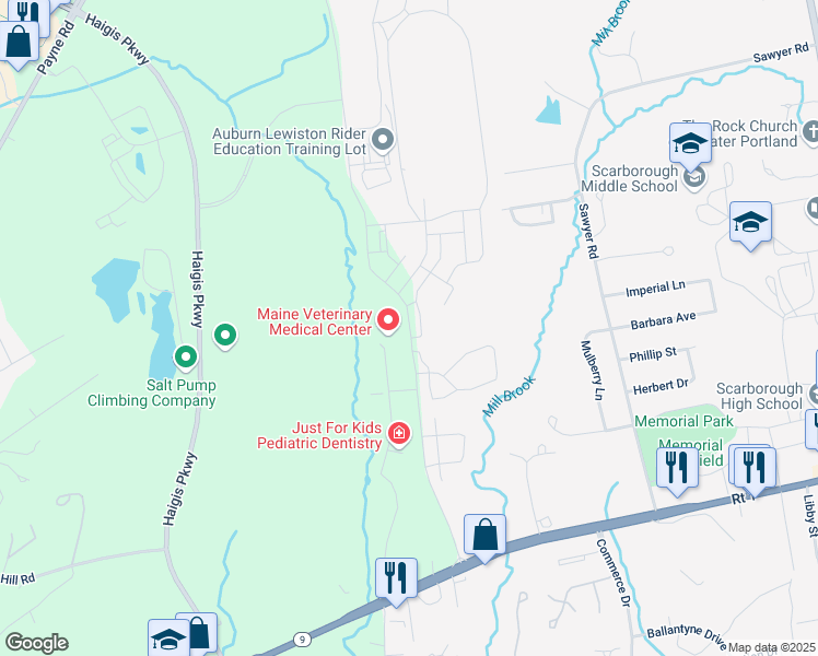 map of restaurants, bars, coffee shops, grocery stores, and more near Scarborough Downs Road in Scarborough