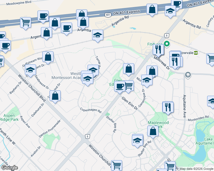 map of restaurants, bars, coffee shops, grocery stores, and more near 7051 Tamar Mews in Mississauga