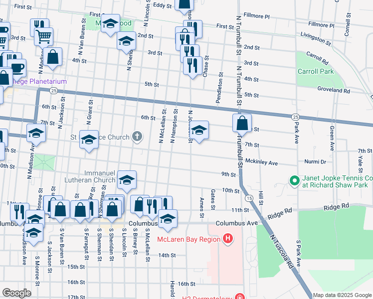 map of restaurants, bars, coffee shops, grocery stores, and more near 1708 7th Street in Bay City