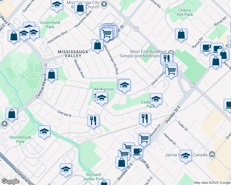 map of restaurants, bars, coffee shops, grocery stores, and more near 600 Mississauga Valley Boulevard in Mississauga