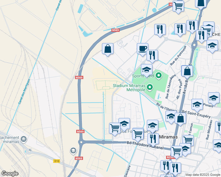map of restaurants, bars, coffee shops, grocery stores, and more near in Miramas