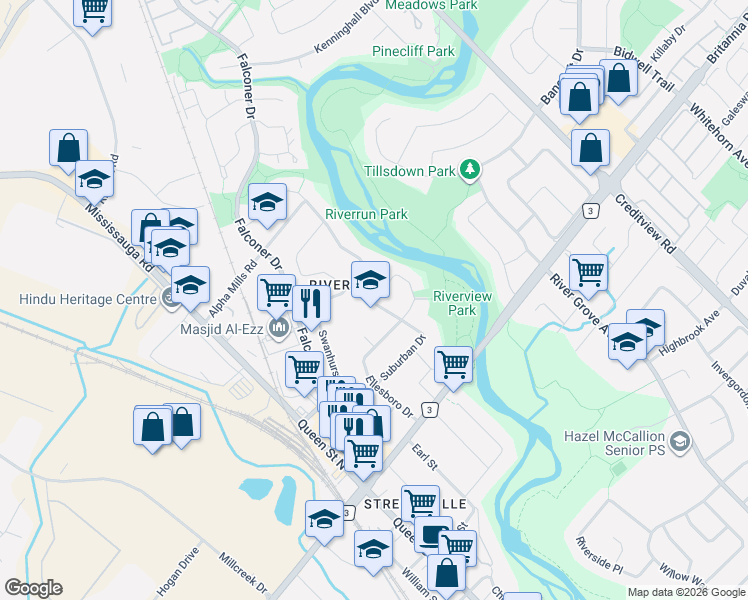 map of restaurants, bars, coffee shops, grocery stores, and more near 37 Suburban Drive in Mississauga