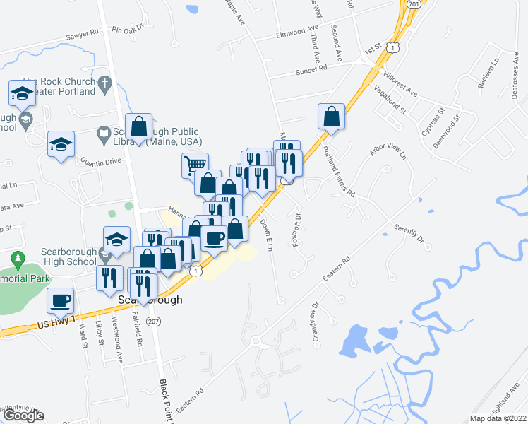 map of restaurants, bars, coffee shops, grocery stores, and more near 613 U.S. Highway 1 in Scarborough