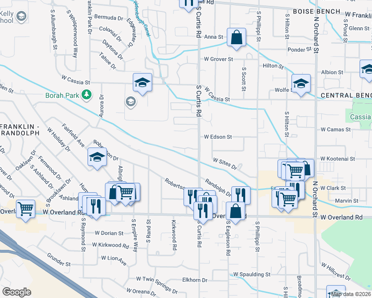 map of restaurants, bars, coffee shops, grocery stores, and more near 1023 South Curtis Road in Boise