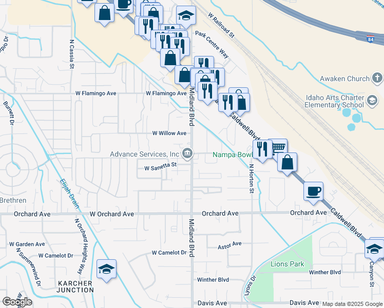 map of restaurants, bars, coffee shops, grocery stores, and more near 1104 North Midland Boulevard in Nampa