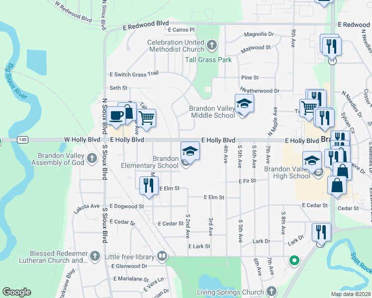 map of restaurants, bars, coffee shops, grocery stores, and more near 501 E Holly Blvd in Brandon
