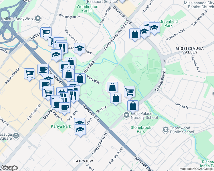 map of restaurants, bars, coffee shops, grocery stores, and more near 1477 Mississauga Valley Boulevard in Mississauga