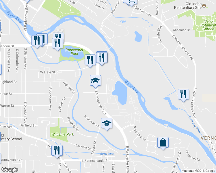 map of restaurants, bars, coffee shops, grocery stores, and more near 1508 South Loggers Pond Place in Boise
