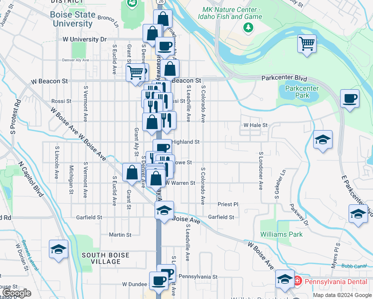map of restaurants, bars, coffee shops, grocery stores, and more near 801 West Highland Street in Boise