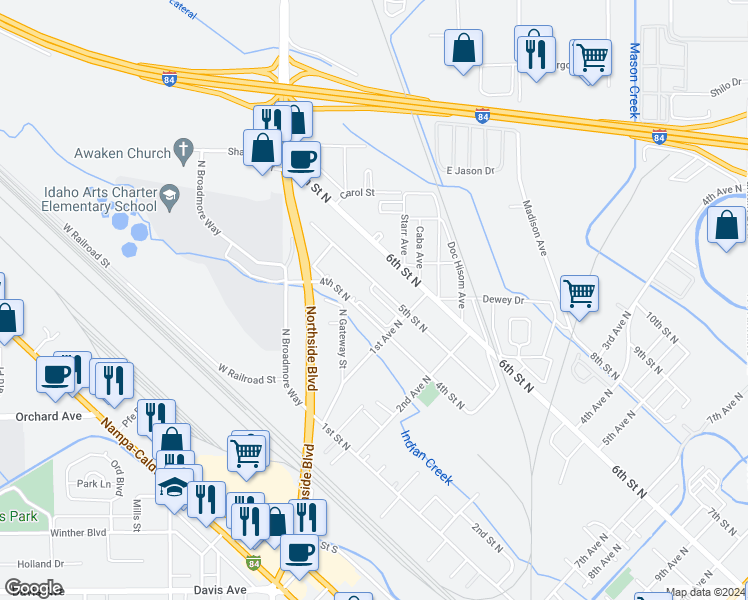 map of restaurants, bars, coffee shops, grocery stores, and more near 63 5th Street North in Nampa