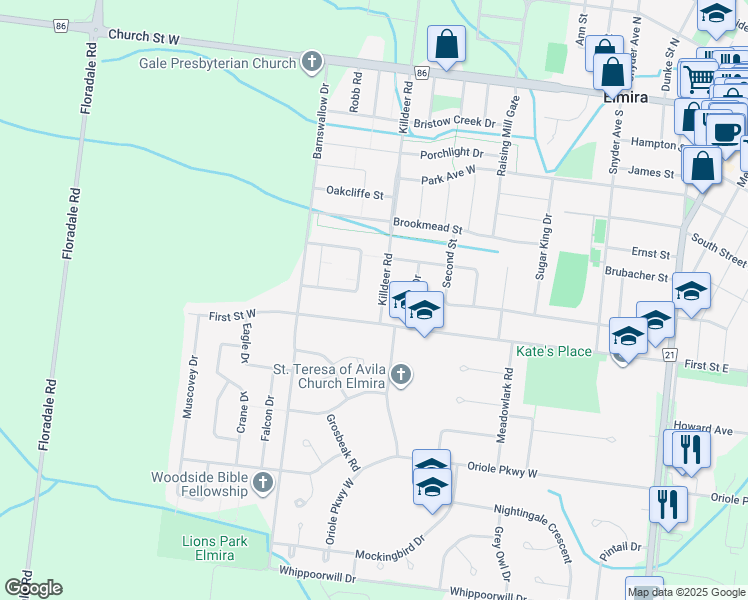 map of restaurants, bars, coffee shops, grocery stores, and more near 8 Killdeer Road in Elmira