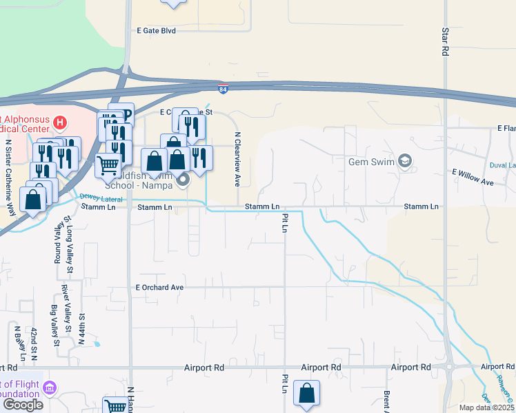 map of restaurants, bars, coffee shops, grocery stores, and more near Stamm Lane in Nampa