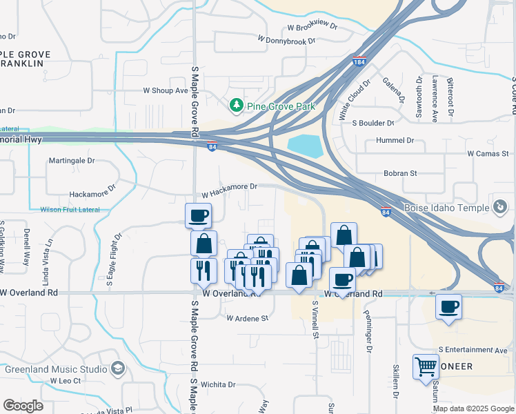 map of restaurants, bars, coffee shops, grocery stores, and more near 8743 West Hackamore Drive in Boise