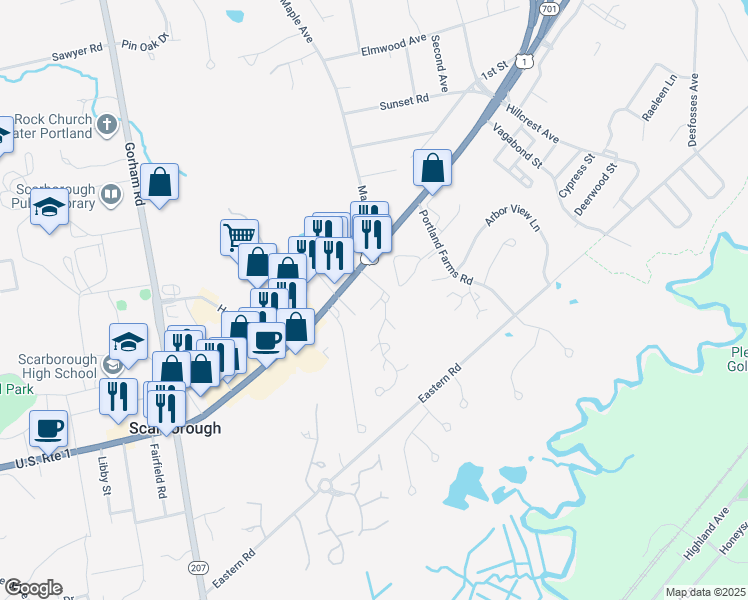 map of restaurants, bars, coffee shops, grocery stores, and more near 211 Foxcroft Circle in Scarborough
