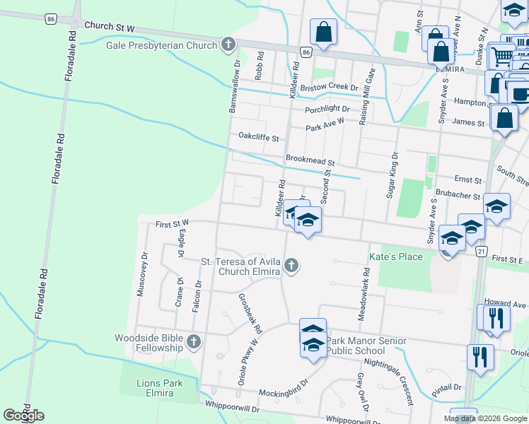 map of restaurants, bars, coffee shops, grocery stores, and more near 31 Aspen Crescent in Woolwich
