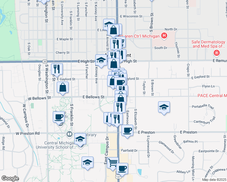 map of restaurants, bars, coffee shops, grocery stores, and more near 1024 South Mission Street in Mount Pleasant