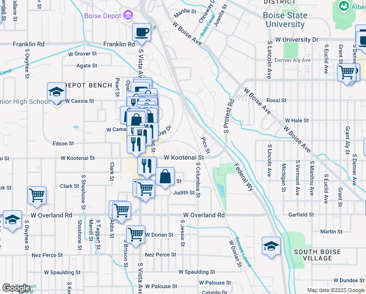 map of restaurants, bars, coffee shops, grocery stores, and more near 1104 Manor Drive in Boise