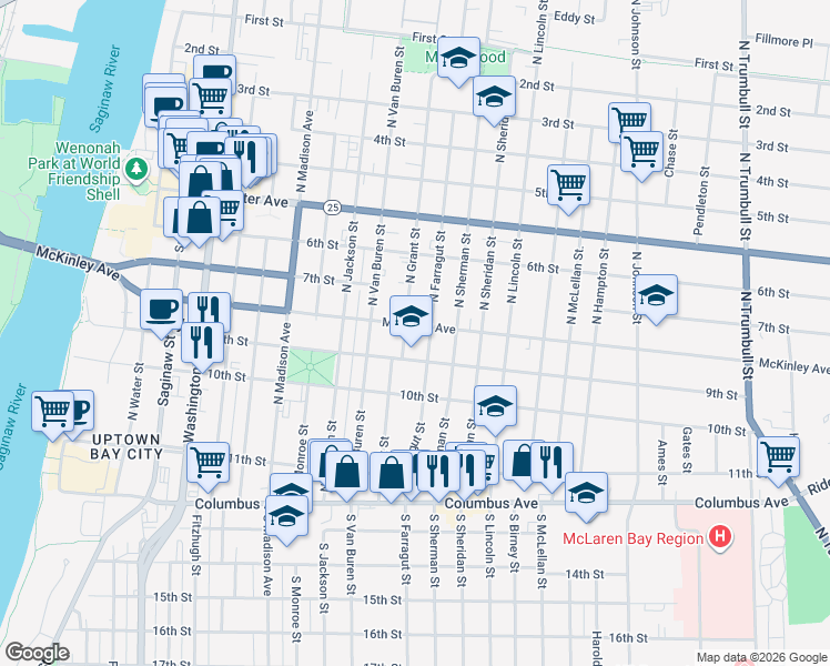 map of restaurants, bars, coffee shops, grocery stores, and more near 1001 Mckinley Street in Bay City