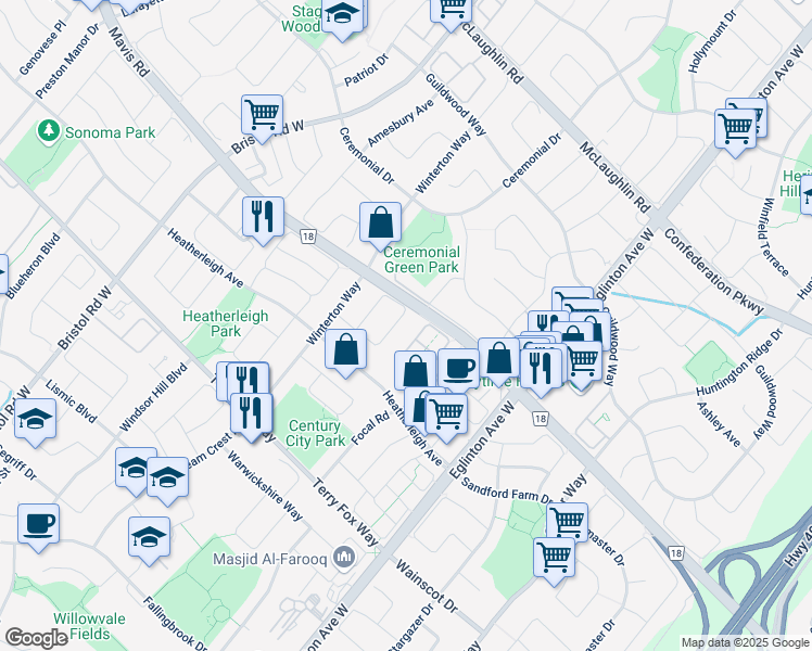 map of restaurants, bars, coffee shops, grocery stores, and more near 896 Applecroft Circle in Mississauga